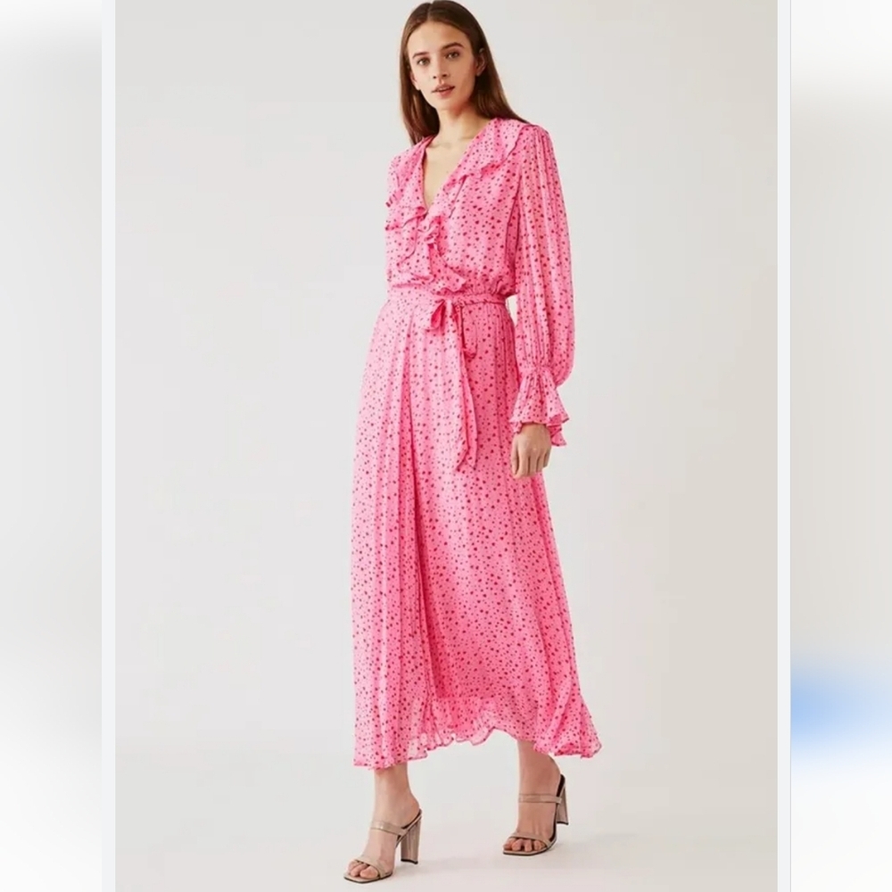Ghost London Su Pink Heart Maxi Ruffle Dress Size Small